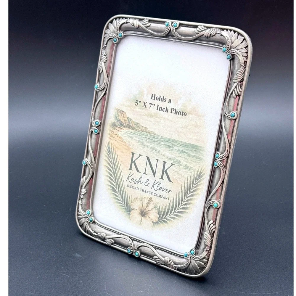Ornate Turquoise Beaded Silver Tone Photo Frame 5x7 Vintage Style Tabletop Decor
